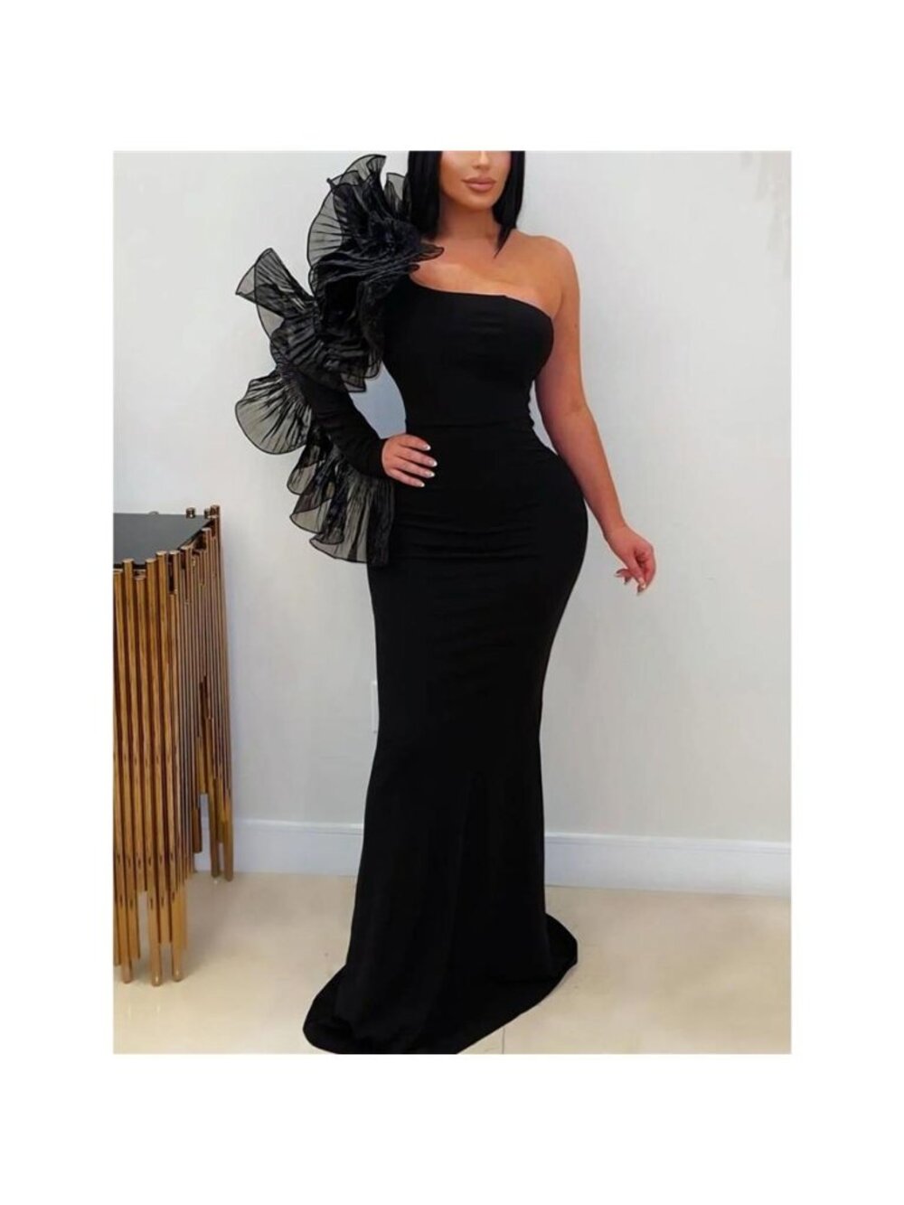 One-Shoulder Ruffled Mermaid Evening Maxi Dress